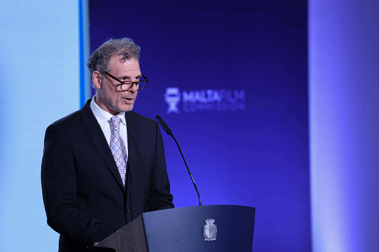 Dustin Chodorowicz presenting at Malta Film Commission event in Kalkara, Malta on September 15, 2023